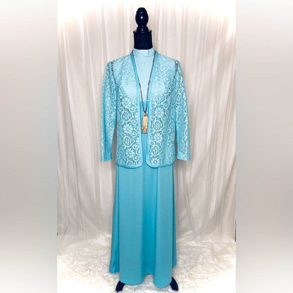 Vintage 70’s Floor Length Aqua Lace Hostess Dress Union Made